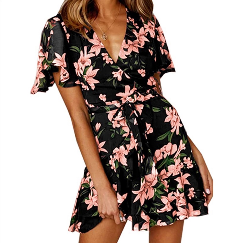 New floral print V-neck wrap dress small